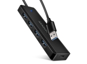 AXAGON HUE-C1A cestovní čtyřportový USB-A 5Gbps hub/USB-C konektor pro externí napájení/kabel 19 cm